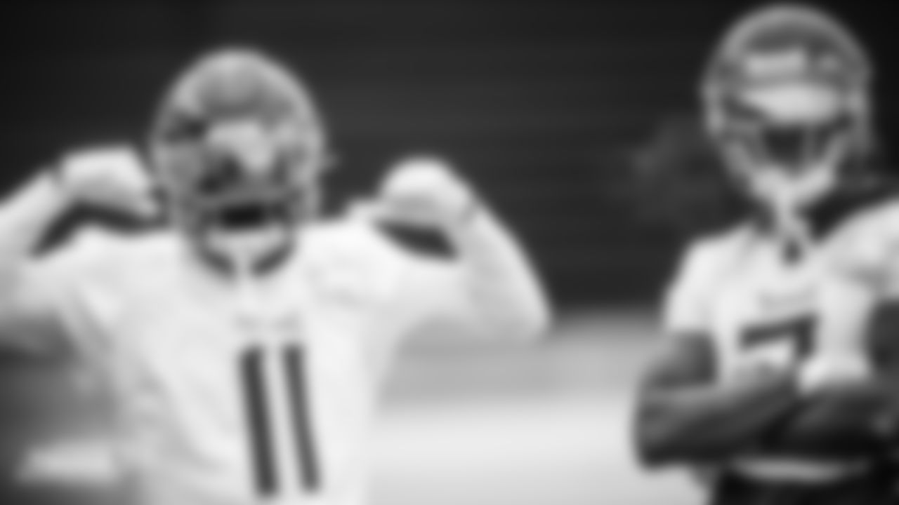 A.J. Brown #11 and Wide receiver Julio Jones #2 of the Tennessee Titans during practice at Saint Thomas Sports Park on January 20, 2022 in Nashville, TN. Photo By Donald Page/Tennessee Titans