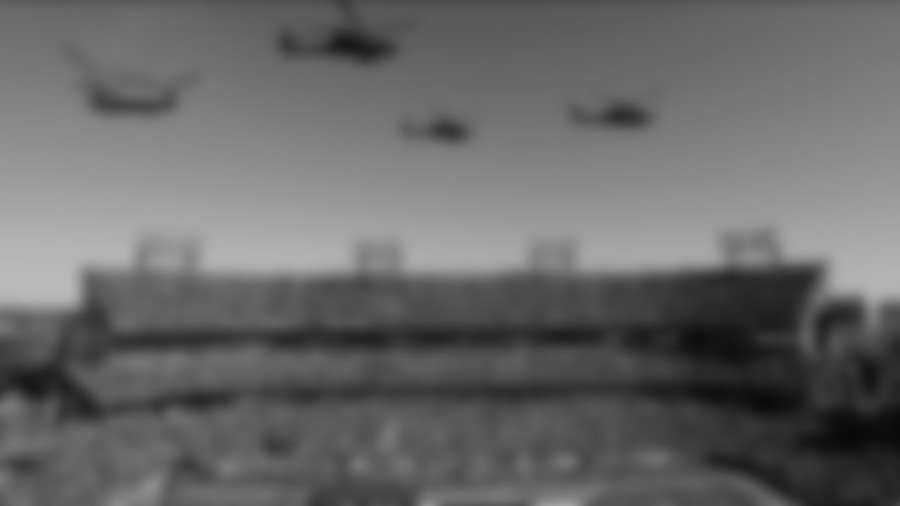 Helicopters fly over Nissan Stadium as part of a Salute to Service military appreciation pregame ceremony before an NFL football game between the Tennessee Titans and the Kansas City Chiefs Sunday, Nov. 10, 2019, in Nashville, Tenn. (AP Photo/James Kenney)