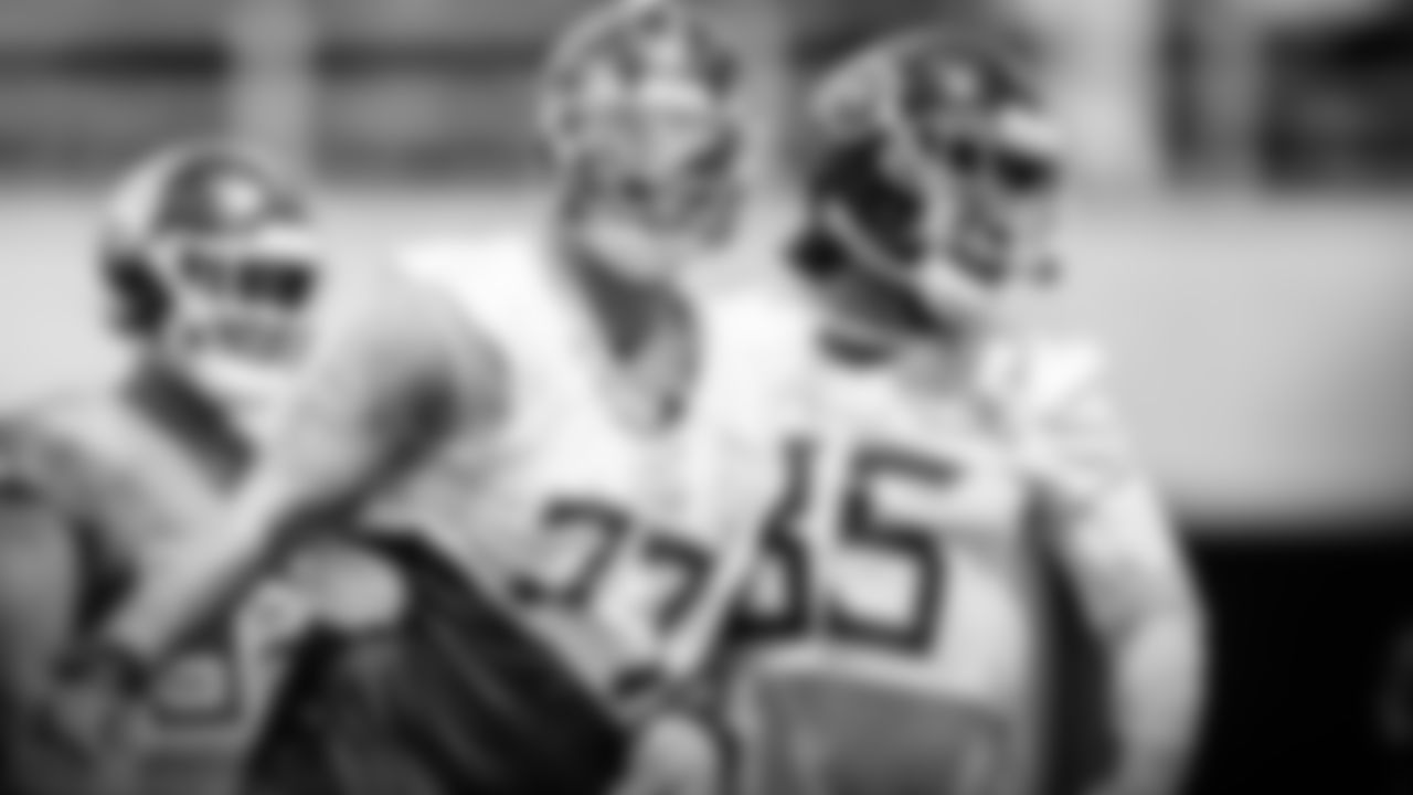 NASHVILLE, TN - AUGUST 23, 2020 - Tackle Taylor Lewan #77 of the Tennessee Titans and Tight end MyCole Pruitt #85 of the Tennessee Titans during practice at Saint Thomas Sports Park in Nashville, TN. Photo By Donald Page/Tennessee Titans
