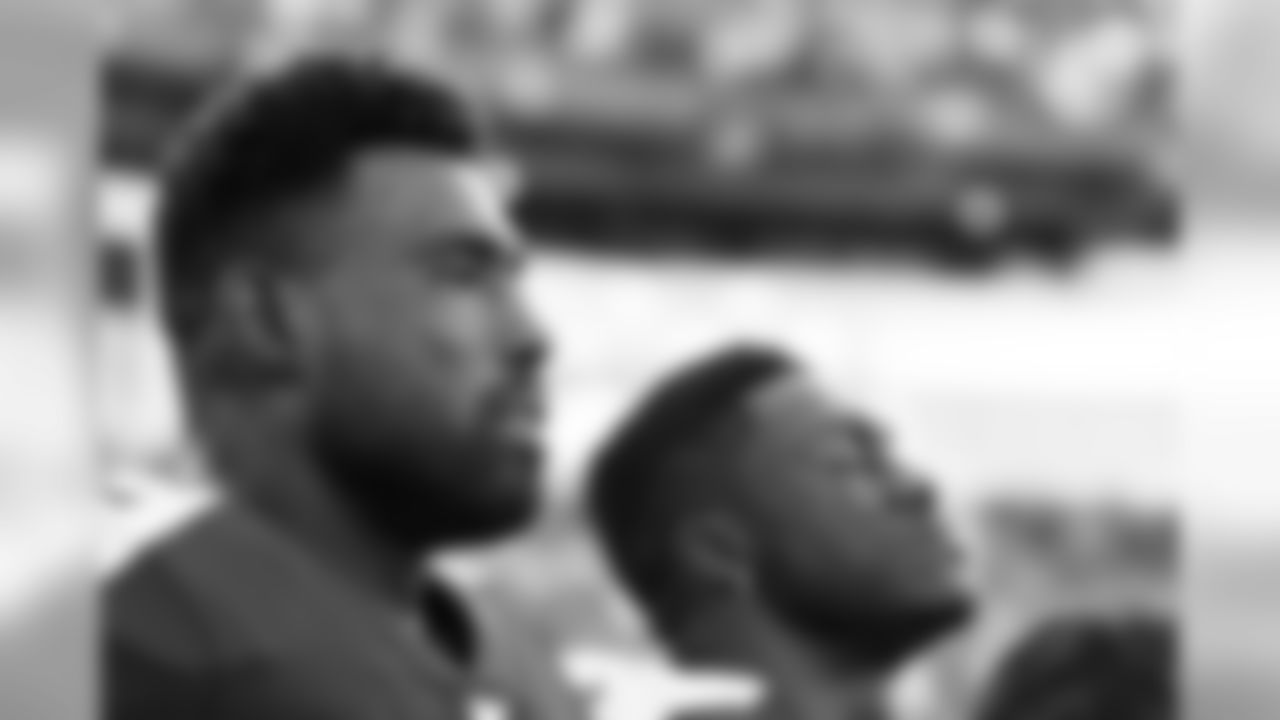 NASHVILLE, TN - AUGUST 17, 2019 - Tight end Delanie Walker #82 of Tennessee Titans during the national anthem before the preseason home game between the New England Patriots and the Tennessee Titans at Nissan Stadium in Nashville, TN. Photo By Caleb Jones/Tennessee Titans