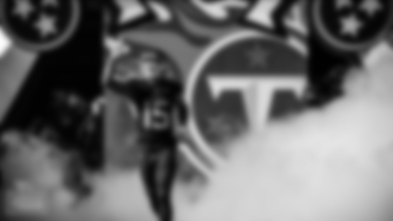 Wide receiver Nick Westbrook-Ikhine #15 of the Tennessee Titans during pregame introductions before the game against the Jacksonville Jaguars at Nissan Stadium on December 12, 2021 in Nashville, TN. Photo By Cameron Faulkner/Tennessee Titans