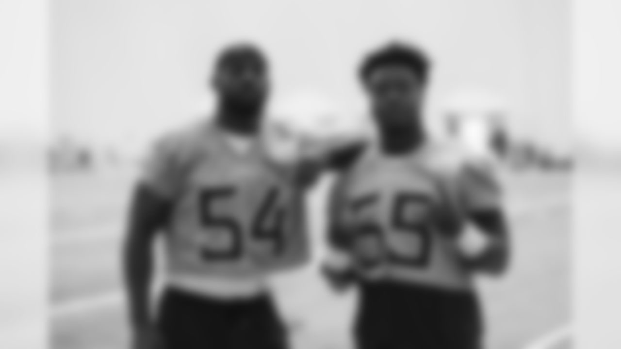 NASHVILLE, TN - AUGUST 19, 2019 - Linebacker Rashaan Evans #54 of Tennessee Titans and Linebacker Jayon Brown #55 of Tennessee Titans during practice in the bubble at Saint Thomas Sports Park in Nashville, TN. Photo By Donald Page/Tennessee Titans