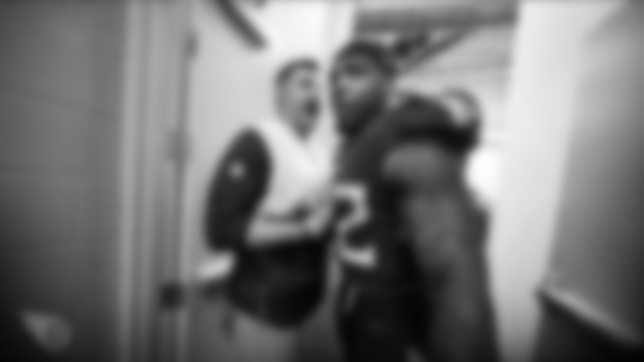 INDIANAPOLIS, IN - DECEMBER 01, 2019 - Head coach Mike Vrabel and Running back Derrick Henry #22 of the Tennessee Titans celebrate in the locker room after the game between the Tennessee Titans and the Indianapolis Colts at Lucas Oil Stadium in Indianapolis, IN. Photo By Donald Page/Tennessee Titans