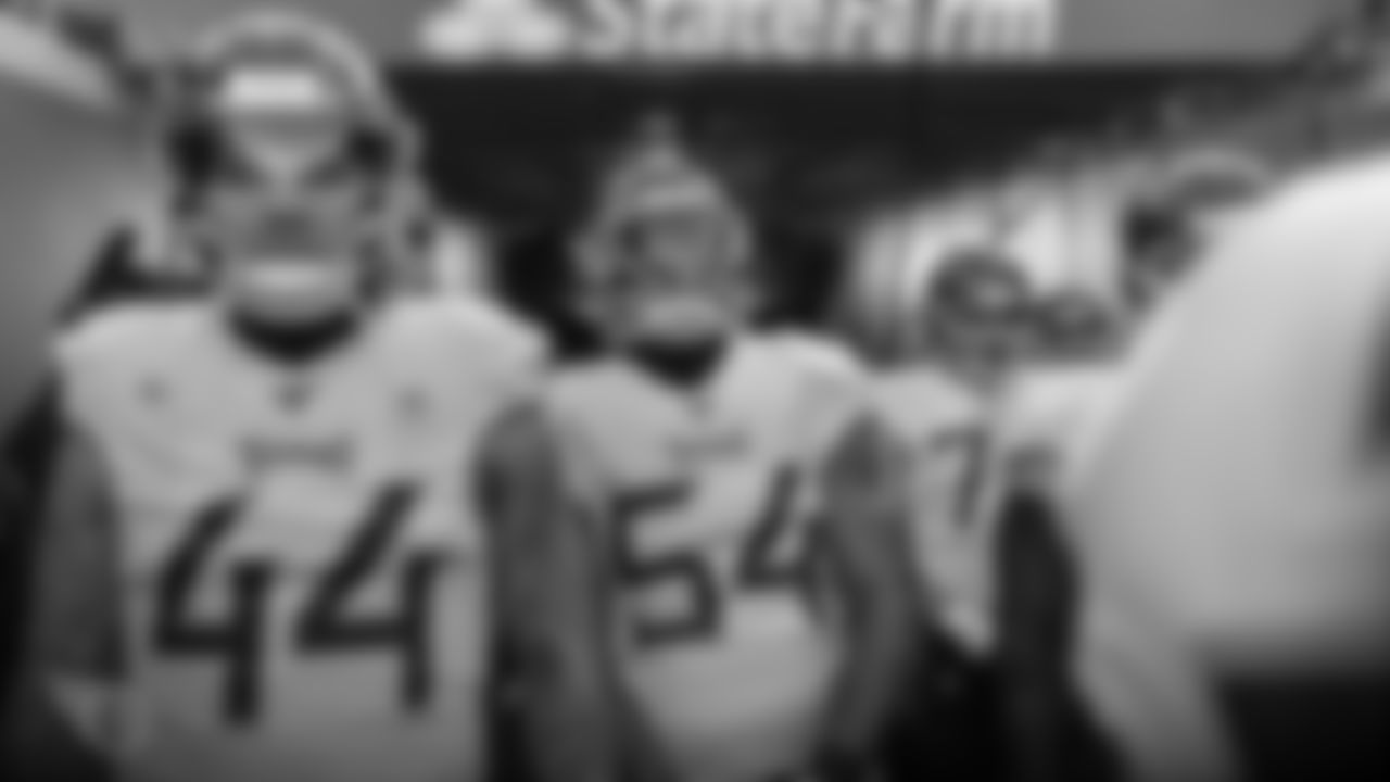 KANSAS CITY, MO - JANUARY 19, 2020 - Outside linebacker Kamalei Correa #44 of the Tennessee Titans and Linebacker Rashaan Evans #54 of the Tennessee Titans prepare to take the field before the AFC Championship game at the Kansas City Chiefs in Kansas City, MO. Photo By Sam Carbine/Tennessee Titans