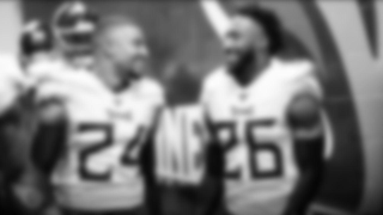 NASHVILLE, TN - OCTOBER 06, 2019 - Safety Kenny Vaccaro #24 of the Tennessee Titans and Cornerback Logan Ryan #26 of the Tennessee Titans in the locker room before the game between the Tennessee Titans and the Buffalo Bills at Nissan Stadium in Nashville, TN. Photo By Donald Page/Tennessee Titans
