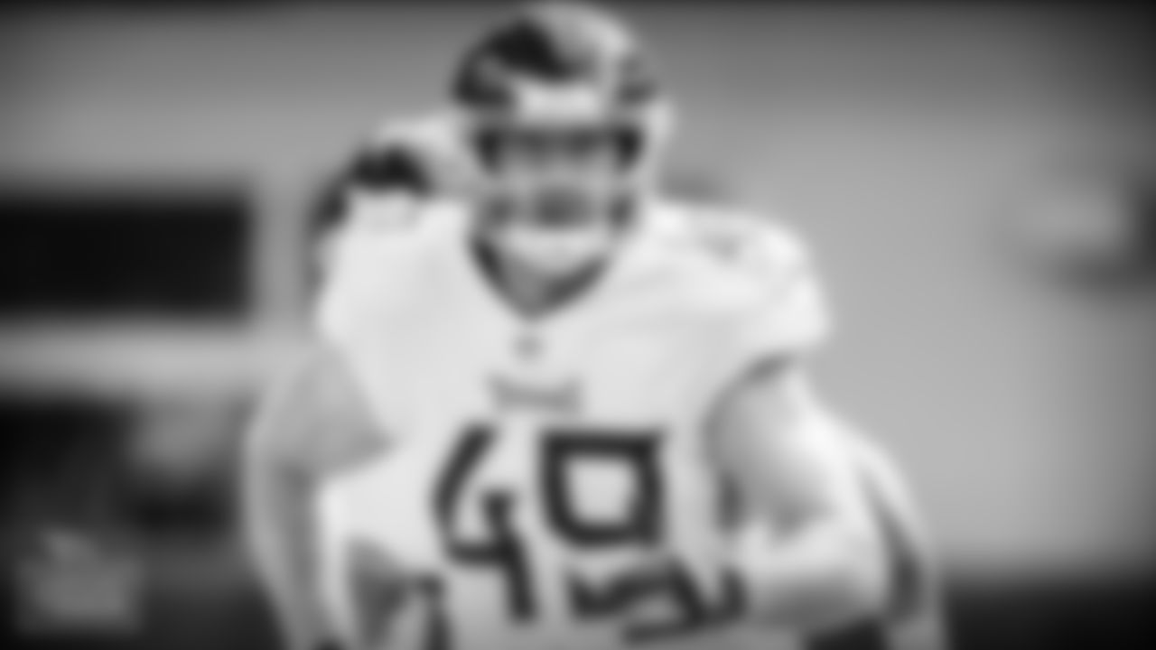 Linebacker Nick Dzubnar #49 of the Tennessee Titans during the game between the Tennessee Titans and the Minnesota Vikings at U.S. Bank Stadium on SEPTEMBER 27, 2020 in Minneapolis, MN. Photo By Donald Page/Tennessee Titans