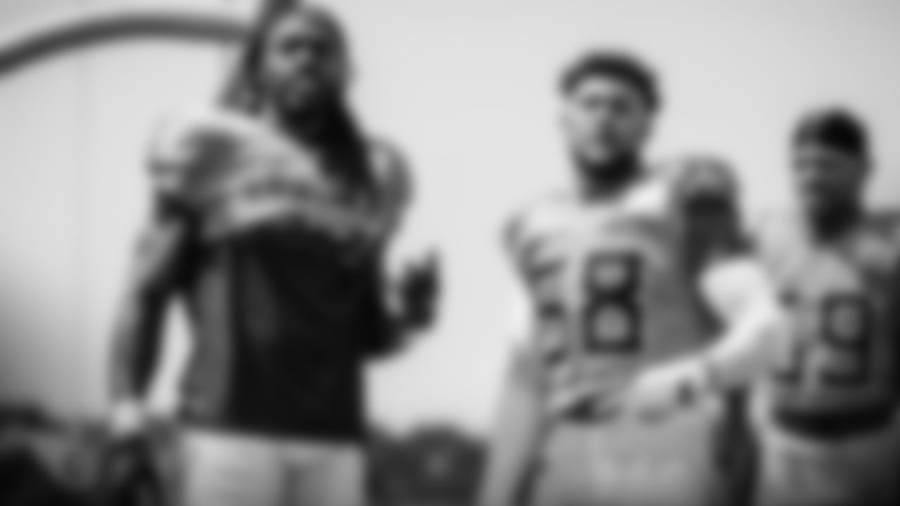 NASHVILLE, TN - SEPTEMBER 09, 2020 - Outside linebacker Jadeveon Clowney #99 of the Tennessee Titans and Outside linebacker Harold Landry III #58 of the Tennessee Titans during practice at Saint Thomas Sports Park in Nashville, TN. Photo By Donald Page/Tennessee Titans