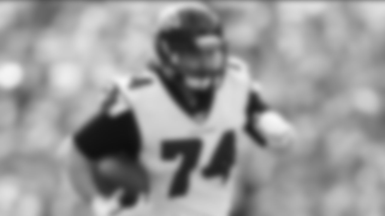 Atlanta Falcons offensive lineman Ty Sambrailo (74) in action during an NFL football game against the Tampa Bay Buccaneers, Sunday, Dec. 29, 2019 in Tampa, Fla. ( Tom DiPace via AP)