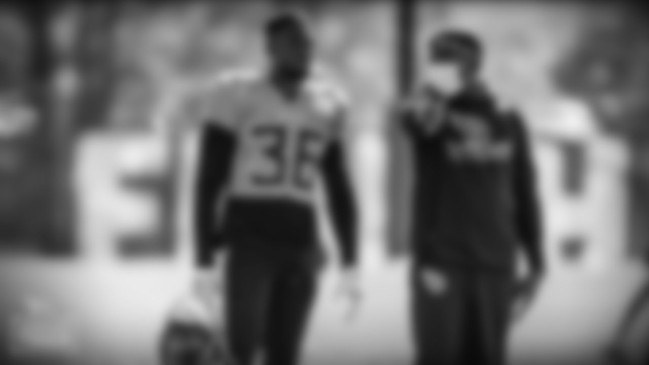 Defensive back Joshua Kalu #46 of the Tennessee Titans and Secondary Coach Anthony Midget of the Tennessee Titans during practice at Saint Thomas Sports Park on NOVEMBER 18, 2020 in Nashville, TN. Photo By Donald Page/Tennessee Titans