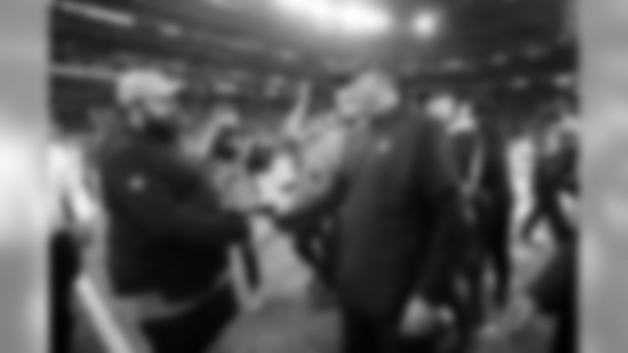 Detroit Lions head coach Matt Patricia, left, greets Minnesota Vikings head coach Mike Zimmer after an NFL football game, Sunday, Dec. 8, 2019, in Minneapolis. The Vikings won 20-7. (AP Photo/Bruce Kluckhohn)