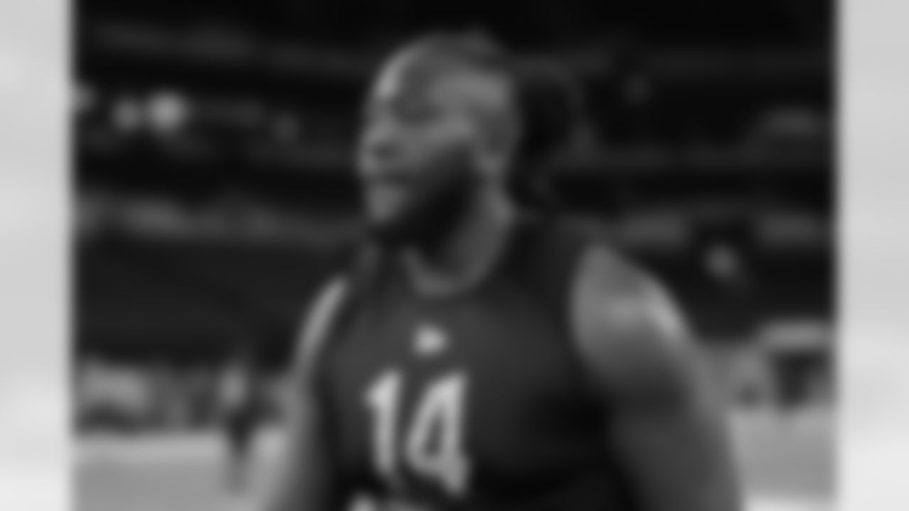 North Carolina offensive lineman Joshua Ezeudu (14) looks on during the 2022 Scouting Combine on Friday, March 4, 2022 in Indianapolis, Indiana. (Aaron Doster/NFL)