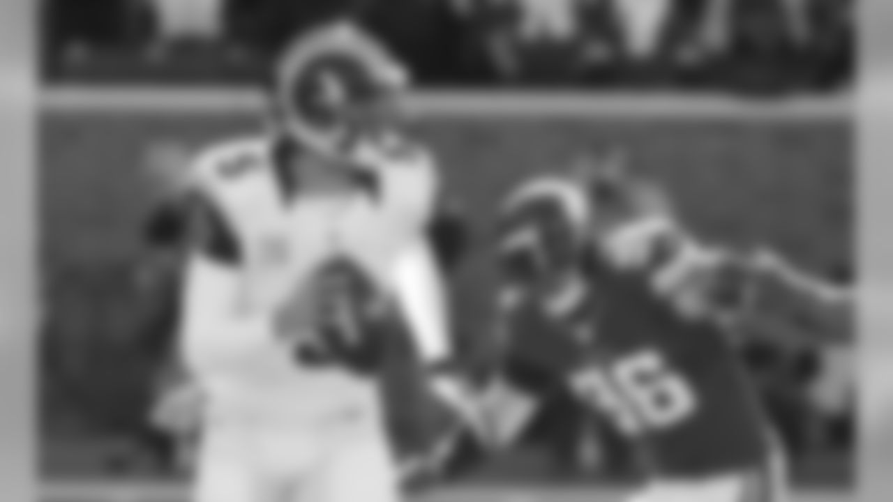 St. Louis Rams quarterback Nick Foles (5) is pressured by Minnesota Vikings defensive end Brian Robison (96) during the first half of an NFL football game, Sunday, Nov. 8, 2015, in Minneapolis. (AP Photo/Ann Heisenfelt)