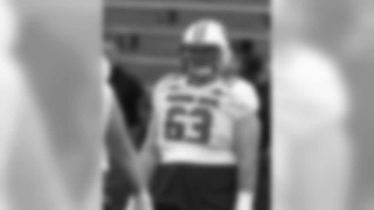 North offensive guard Michael Deiter of Wisconsin (63) during practice for Saturday's Senior Bowl college football game, Tuesday, Jan. 22, 2019, in Mobile, Ala. (AP Photo/Butch Dill)