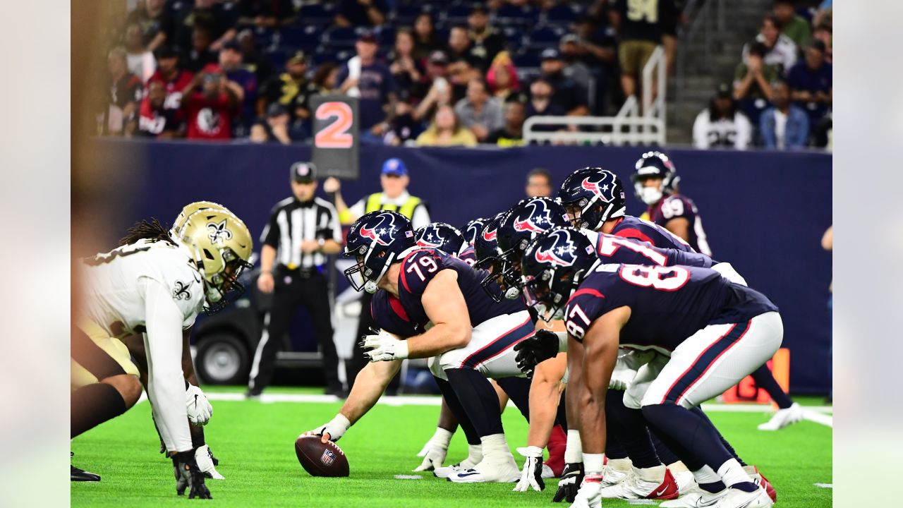 HOUSTON, TX - OCTOBER 10: The Texans punt return team awaits the snap  during the football game between the New England Patriots and Houston Texans  at NRG Stadium on October 10, 2021