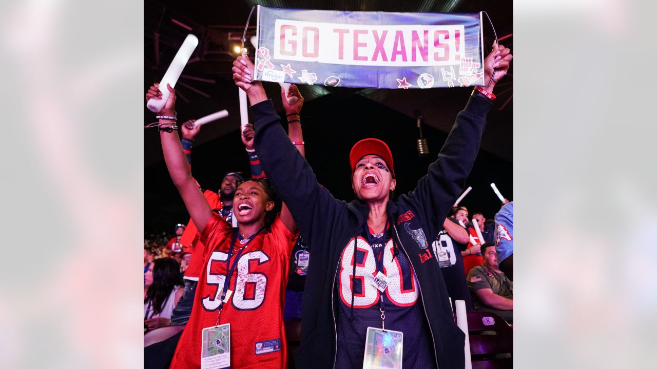 The Houston Texans and United Airlines teamed up to fly in two lucky fans  from Mexico to attend the 2023 Texans Draft Party at the Miller Outdoor  Theatre.