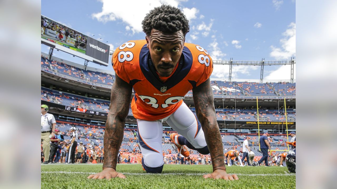 Denver, USA. September 09, 2018: Denver Broncos wide receiver Demaryius  Thomas (88) during the first quarter of an NFL matchup between the Seattle  Seahawks and the Denver Broncos at Broncos Stadium at