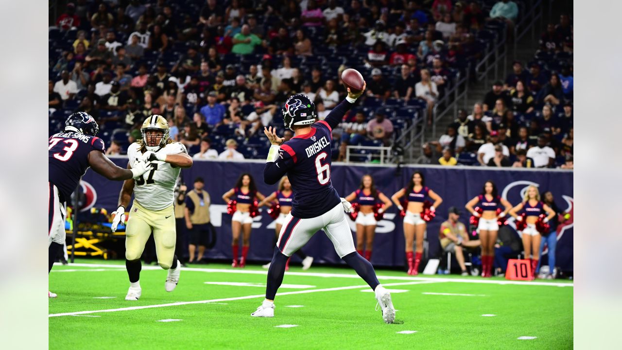 HOUSTON, TX - OCTOBER 10: Houston Texans quarterback Jeff Driskel (6) warms  up before the football game between the New England Patriots and Houston  Texans at NRG Stadium on October 10, 2021