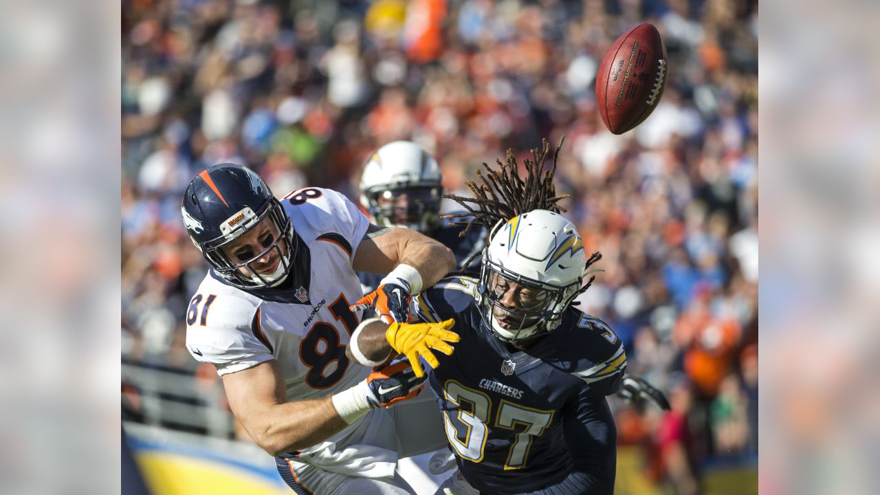 San Diego Chargers defensive end Joey Bosa (99) works against Denver  Broncos tight end John Phillips during the second half of an NFL football  game Thursday, Oct. 13, 2016, in San Diego. (