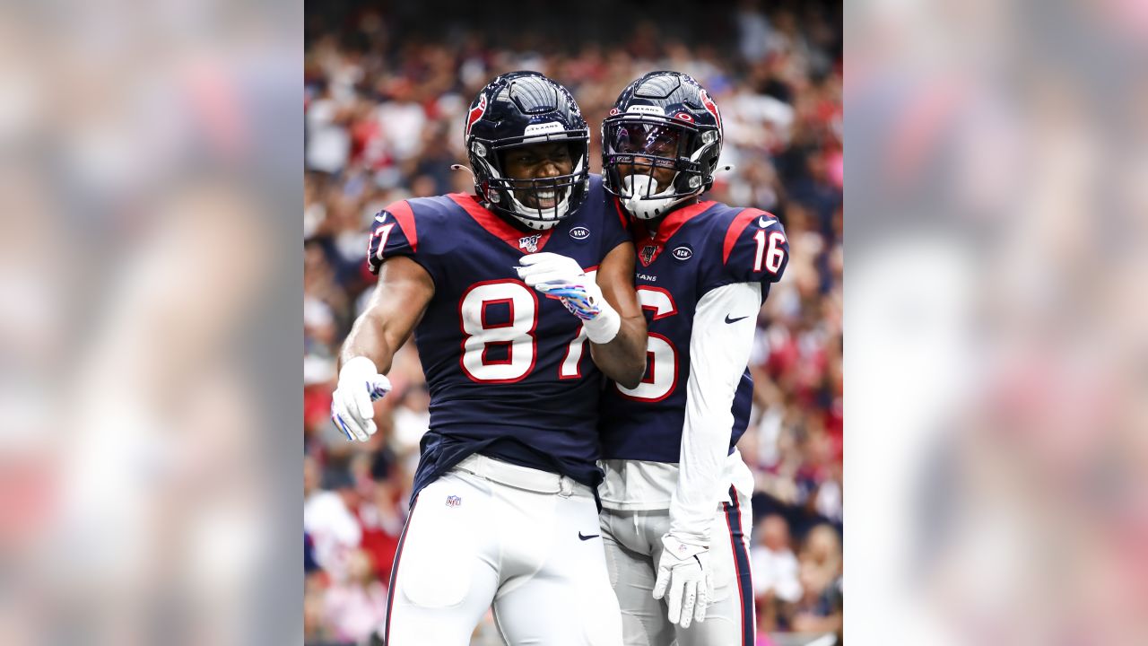 Houston Texans ctight end Darren Fells (87) on the sidelines during an NFL  football game against the Los Angeles Chargers, Sunday, September 22, 2019  in Carson, Calif. The Texans defeated the Chargers