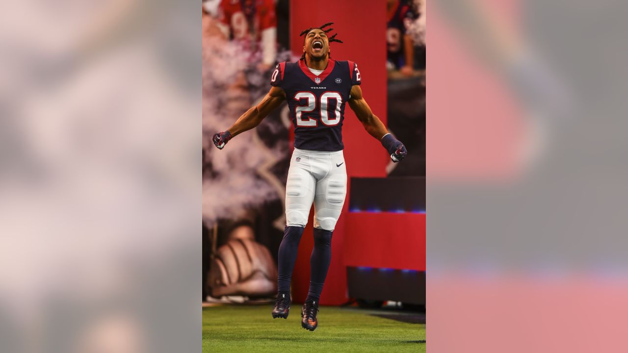 October 27, 2019 : Houston Texans strong safety Justin Reid (20) being  introduced prior to the game against the Oakland Raiders at NRG Stadium in  Houston, Texas. The score at the half