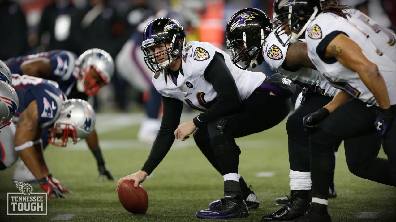 Baltimore Ravens long snapper Morgan Cox (46) waits to take the field while  holding a flag as part of the team's Salute to Service prior to an NFL  football game against the