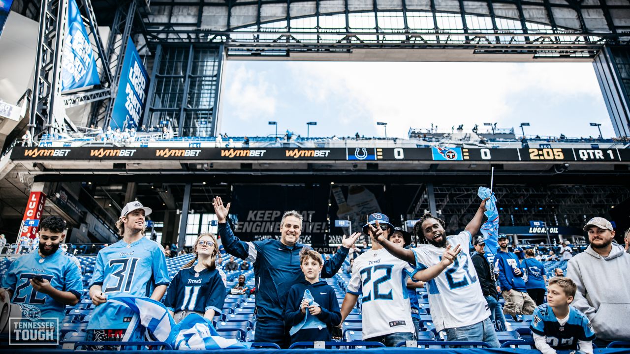 NASHVILLE, TN - OCTOBER 23: Tennessee Titans fans cheer during the  Tennessee Titans game versus the Indianapolis Colts on October 23, 2022, at  Nissan Stadium in Nashville, TN. (Photo by Bryan Lynn/Icon