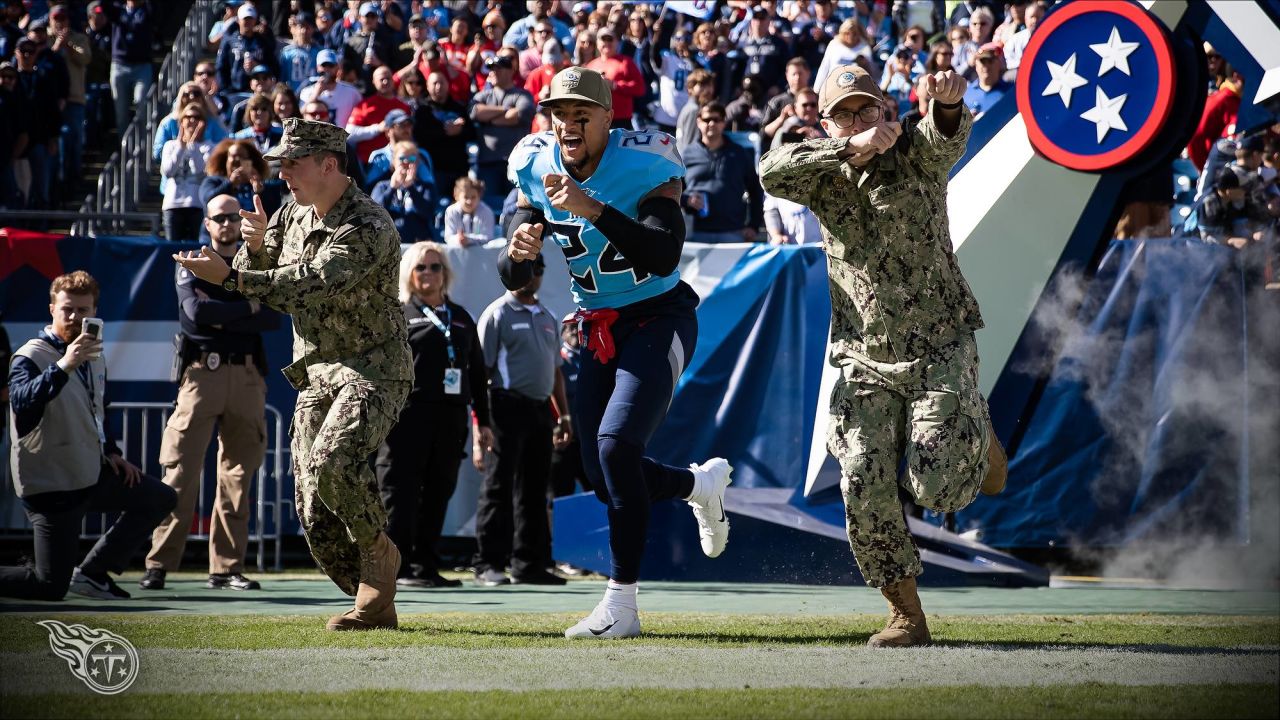 Salute to Service military appreciation logo is prominently displayed on  the goalpost during an NFL football game between the Tennessee Titans and  the Chicago Bears Sunday, Nov. 8, 2020, in Nashville, Tenn.