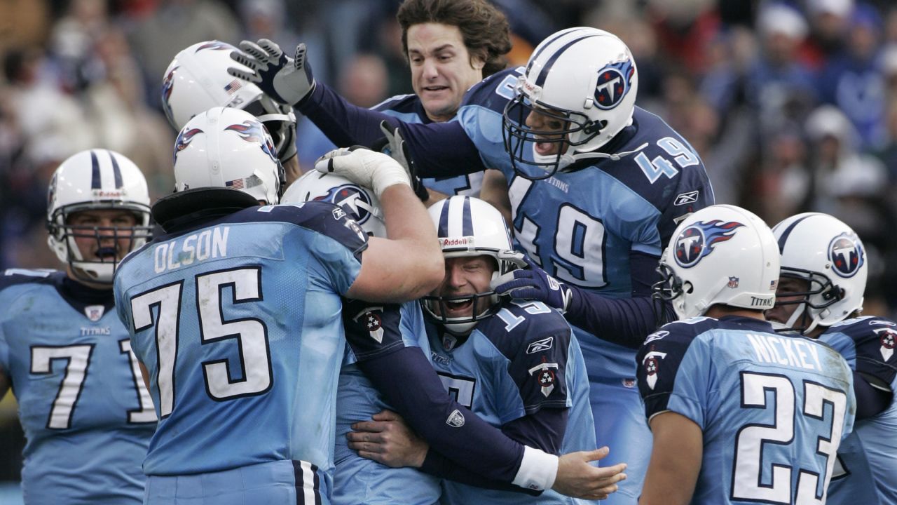 Tennessee Titans kicker Rob Bironas (2) runs off the field after kicking a  60-yard field goal in the final seconds of the fourth quarter to beat the  Indianapolis Colts, 20-17, in an