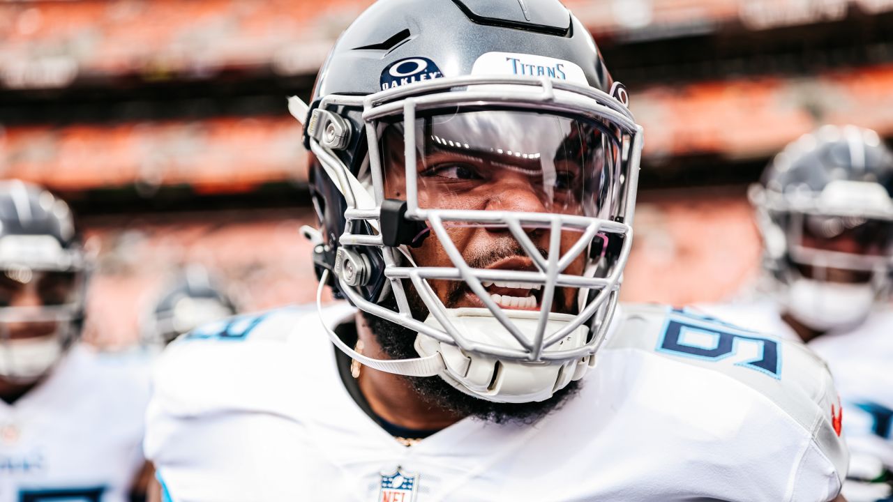 Tennessee Titans nose tackle Teair Tart (93) on the sideline without his  helmet while playing the Los Angeles Rams during an NFL Professional  Football Game Sunday, Nov. 7, 2021, in Inglewood, Calif. (