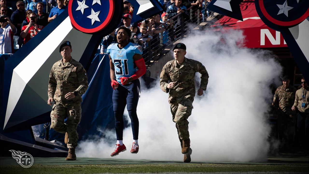 Salute to Service military appreciation logo is prominently displayed on  the goalpost during an NFL football game between the Tennessee Titans and  the Chicago Bears Sunday, Nov. 8, 2020, in Nashville, Tenn.