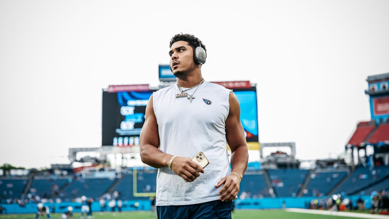 Tennessee Titans quarterback Ryan Tannehill smiles as he warms up before an  NFL football game against the Los Angeles Chargers Sunday, Sept. 17, 2023,  in Nashville, Tenn. (AP Photo/John Amis Stock Photo 