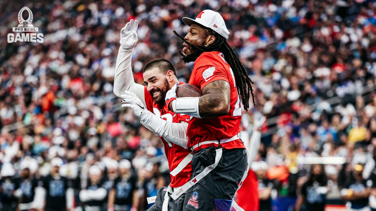 AFC defensive tackle Jeffery Simmons (98) of the Tennessee TItans stands  for the national anthem before the flag football event at the NFL Pro Bowl,  Sunday, Feb. 5, 2023, in Las Vegas. (