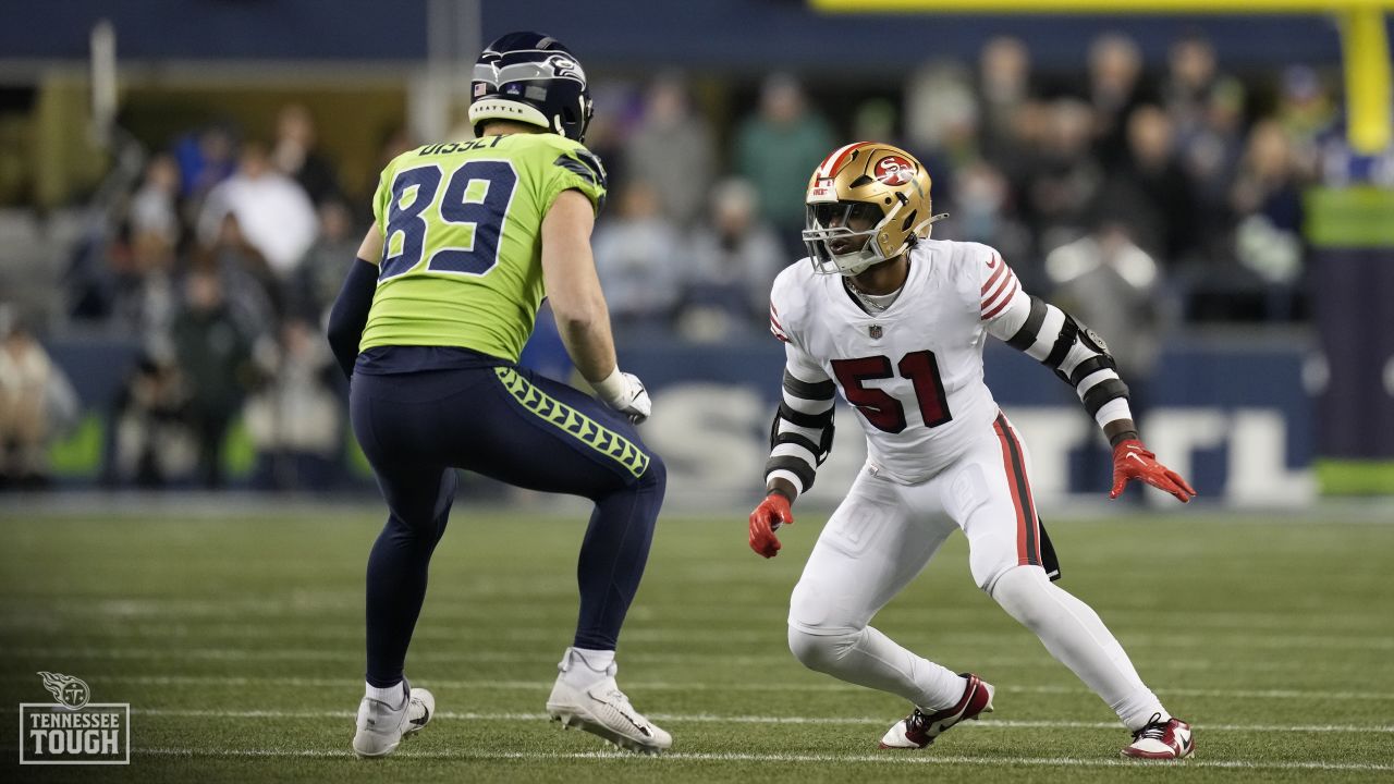 San Francisco 49ers outside linebacker Azeez Al-Shaair (51) is