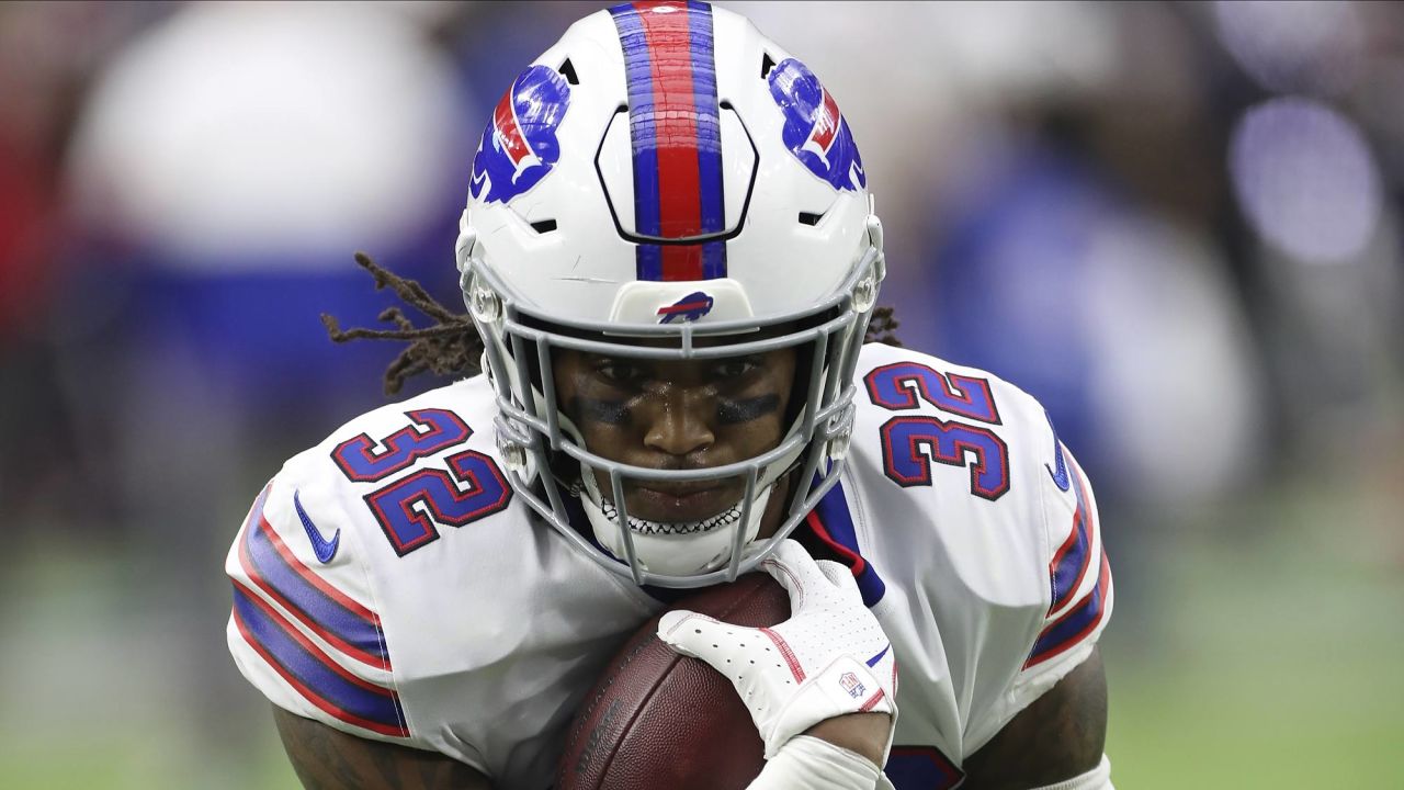 Buffalo Bills running back Darrynton Evans (37) runs the ball during an NFL  pre-season football game against the Indianapolis Colts, Saturday, Aug. 12,  2023, in Orchard Park, N.Y. Buffalo defeated the Colts