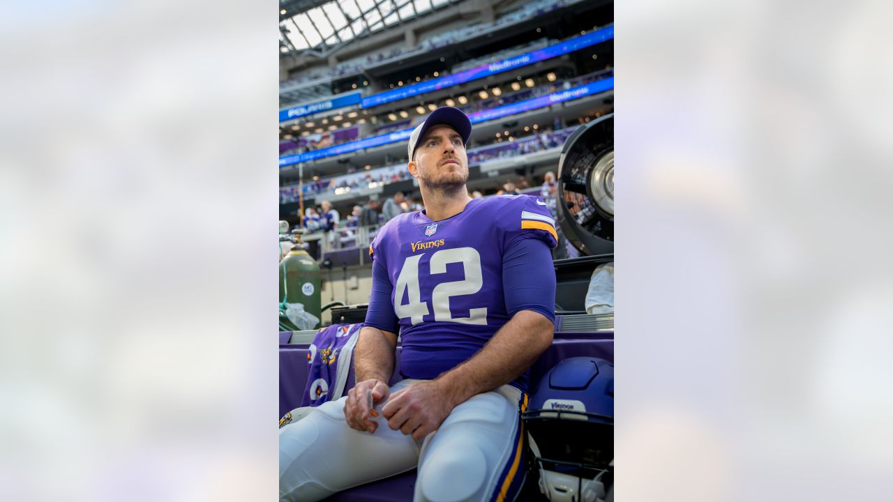 Minnesota Vikings punter Ryan Wright (14) and long snapper Andrew DePaola  (42) chat as they warm-up before an NFL match between Minnesota Vikings and  New Orleans Saints at the Tottenham Hotspur stadium