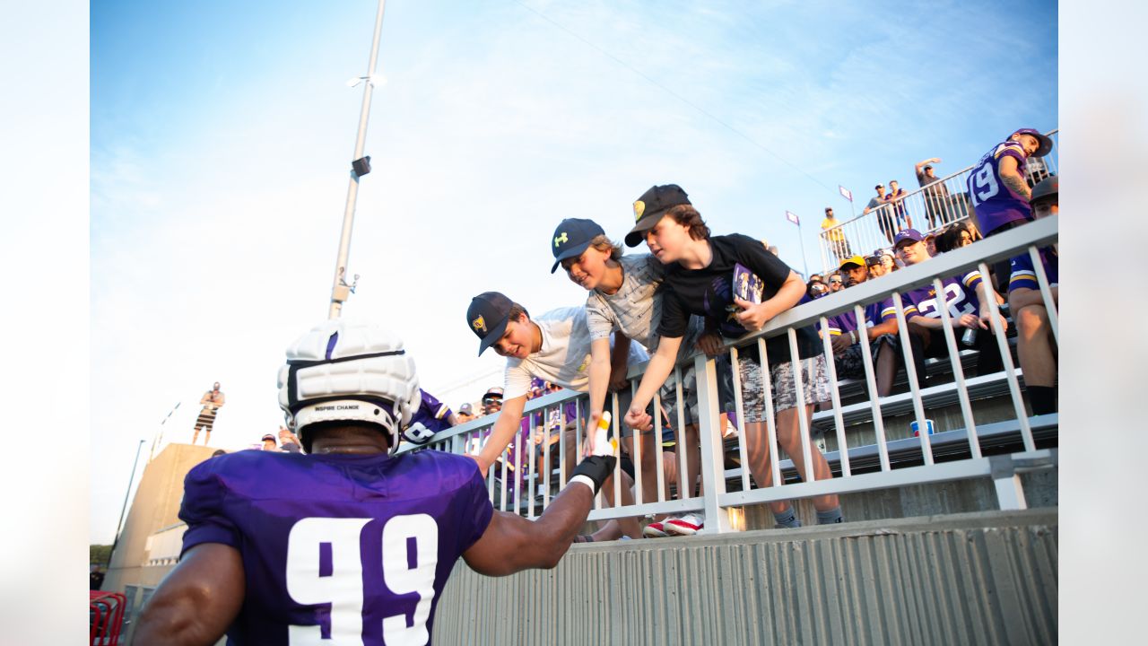 Minnesota Vikings tackle Brian O'Neill arrives for practice during the  first day of training camp as rookies, free agents and some veterans  reported to the NFL football team complex Wednesday, July 25