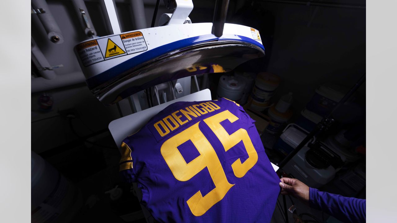 Equipment Staff Prepares Primetime Purple Jerseys for Vikings-Cowboys Game