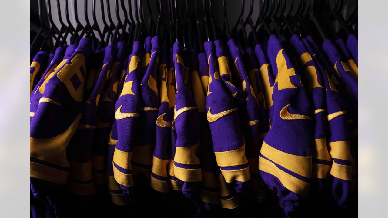 Equipment Staff Prepares Primetime Purple Jerseys for Vikings-Cowboys Game