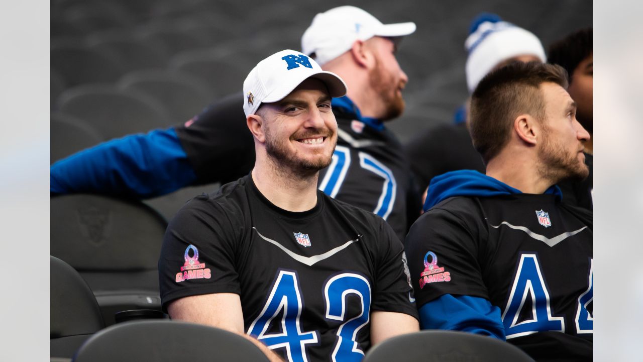 Minnesota Vikings punter Ryan Wright (14) and long snapper Andrew DePaola  (42) chat as they warm-up before an NFL match between Minnesota Vikings and  New Orleans Saints at the Tottenham Hotspur stadium