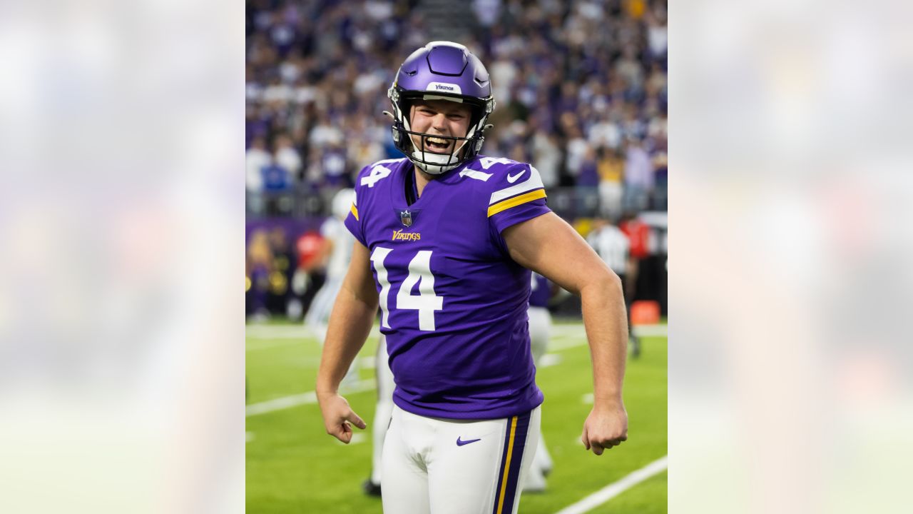 Minnesota Vikings punter Ryan Wright (14) celebrates after a play during an  NFL football game against the New Orleans Saints at Tottenham Hotspur  Stadium, Sunday, Oct. 2, 2022, in London. The Minnesota