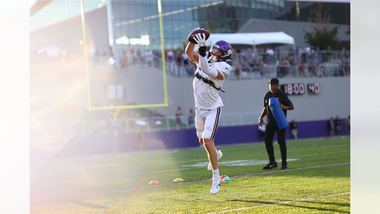 Minnesota Vikings tackle Brian O'Neill arrives for practice during the  first day of training camp as rookies, free agents and some veterans  reported to the NFL football team complex Wednesday, July 25