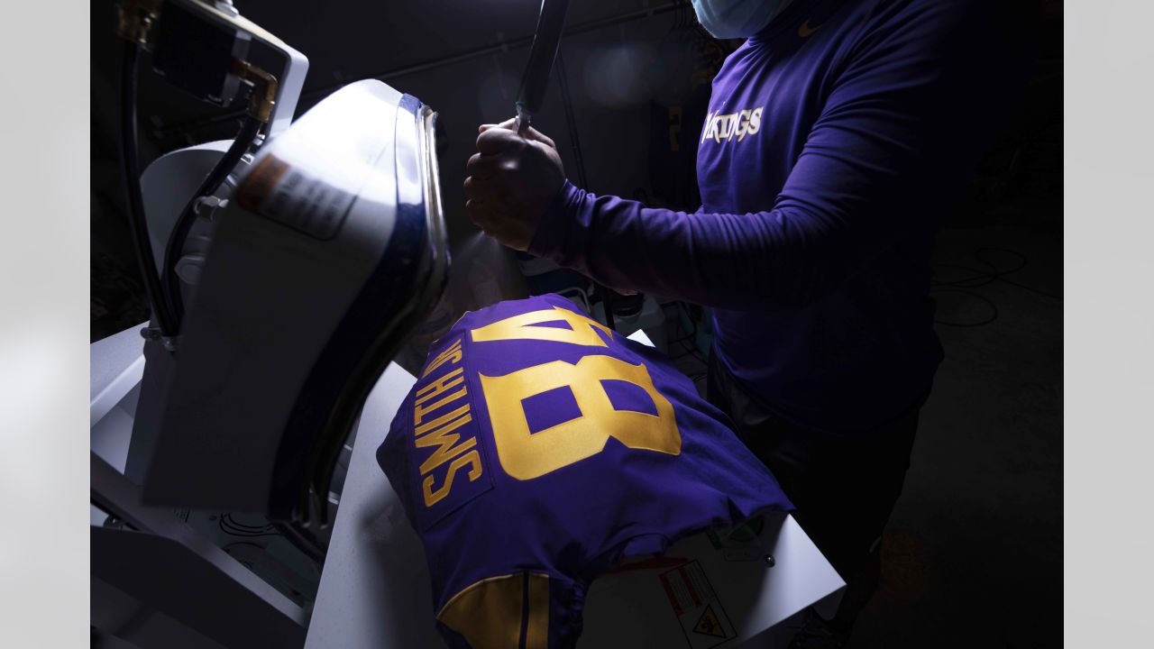 Equipment Staff Prepares Primetime Purple Jerseys for Vikings-Cowboys Game