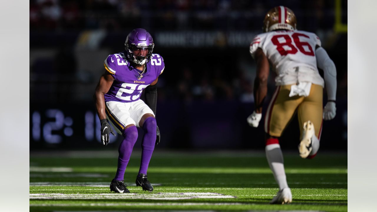 Minnesota Vikings cornerback Andrew Booth Jr. (23) warms up before an NFL  football game against the Miami Dolphins, Sunday, Oct. 16, 2022, in Miami  Gardens, Fla. (AP Photo/Lynne Sladky Stock Photo - Alamy