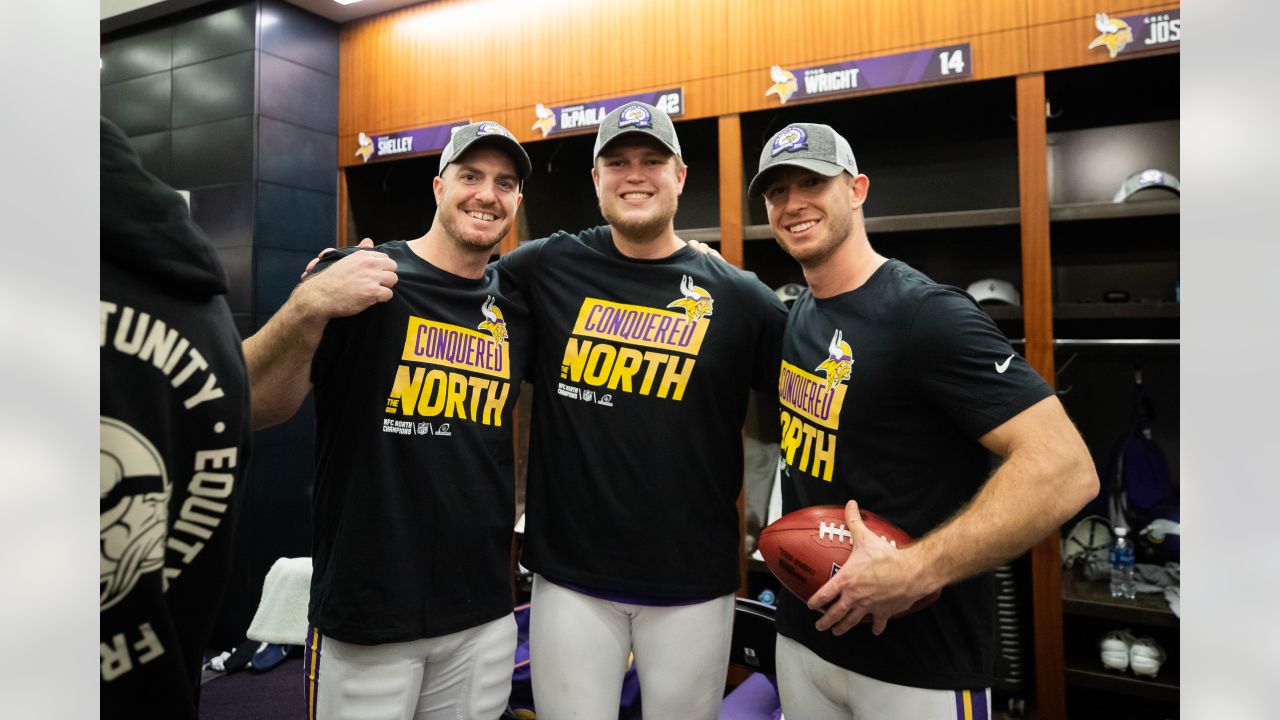 Minnesota Vikings punter Ryan Wright (14) and long snapper Andrew DePaola  (42) chat as they warm-up before an NFL match between Minnesota Vikings and  New Orleans Saints at the Tottenham Hotspur stadium