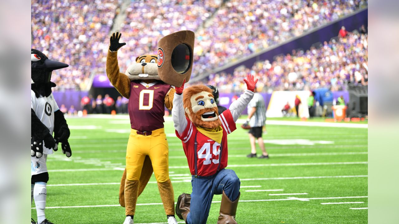 Minnesota Vikings mascot Viktor the Vikings displays his gloves