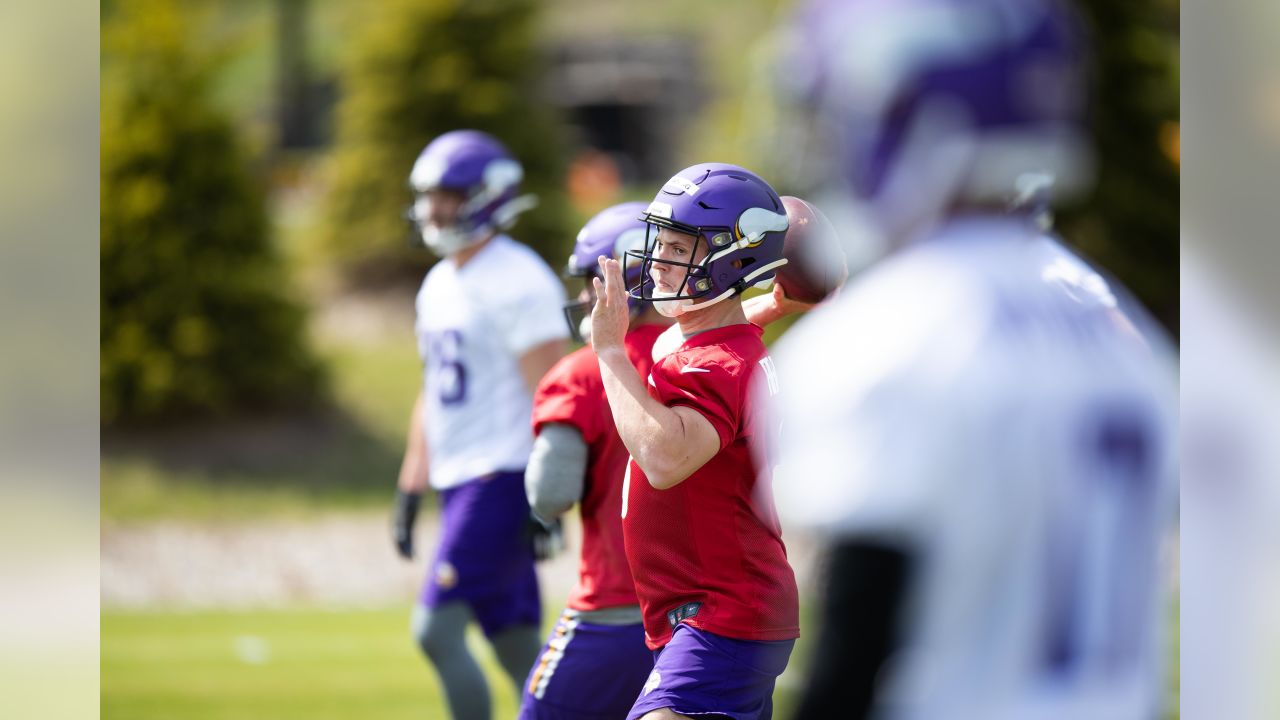 Minnesota Vikings first round draft pick, center Garrett Bradbury,  addresses the media after rookie minicamp workouts at the NFL football  team's complex Friday, May 3, 2019, in Eagan, Minn.Bradbury played for North