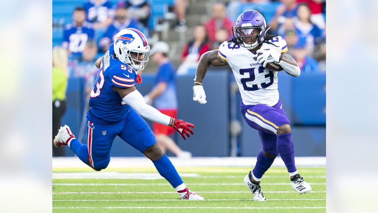 Buffalo Bills free safety Jaquan Johnson (46) gets into position during the  second half of an NFL wild-card playoff football game against the New  England Patriots in Orchard Park, N.Y., Saturday, Jan.