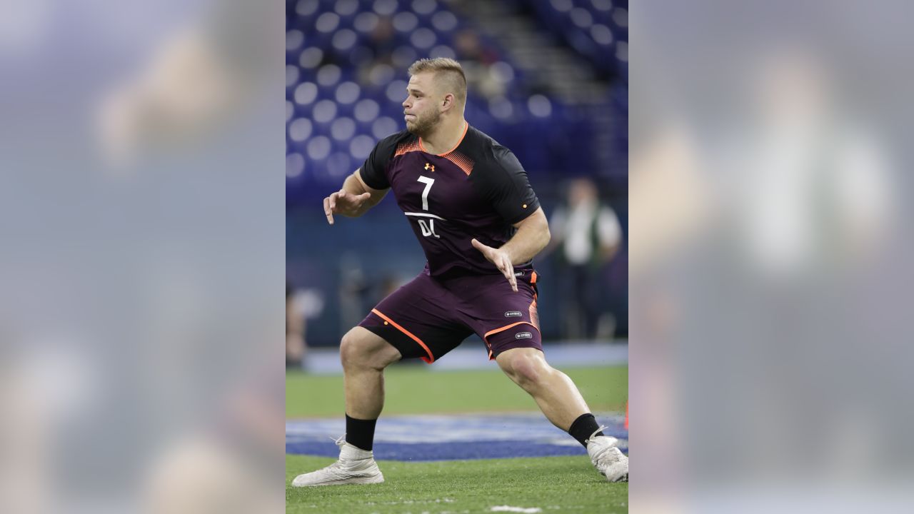 Minnesota Vikings first round draft pick, center Garrett Bradbury,  addresses the media after rookie minicamp workouts at the NFL football  team's complex Friday, May 3, 2019, in Eagan, Minn.Bradbury played for North