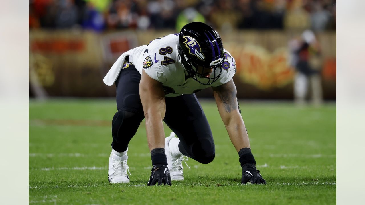 Baltimore Ravens tight end Josh Oliver (84) runs for the play