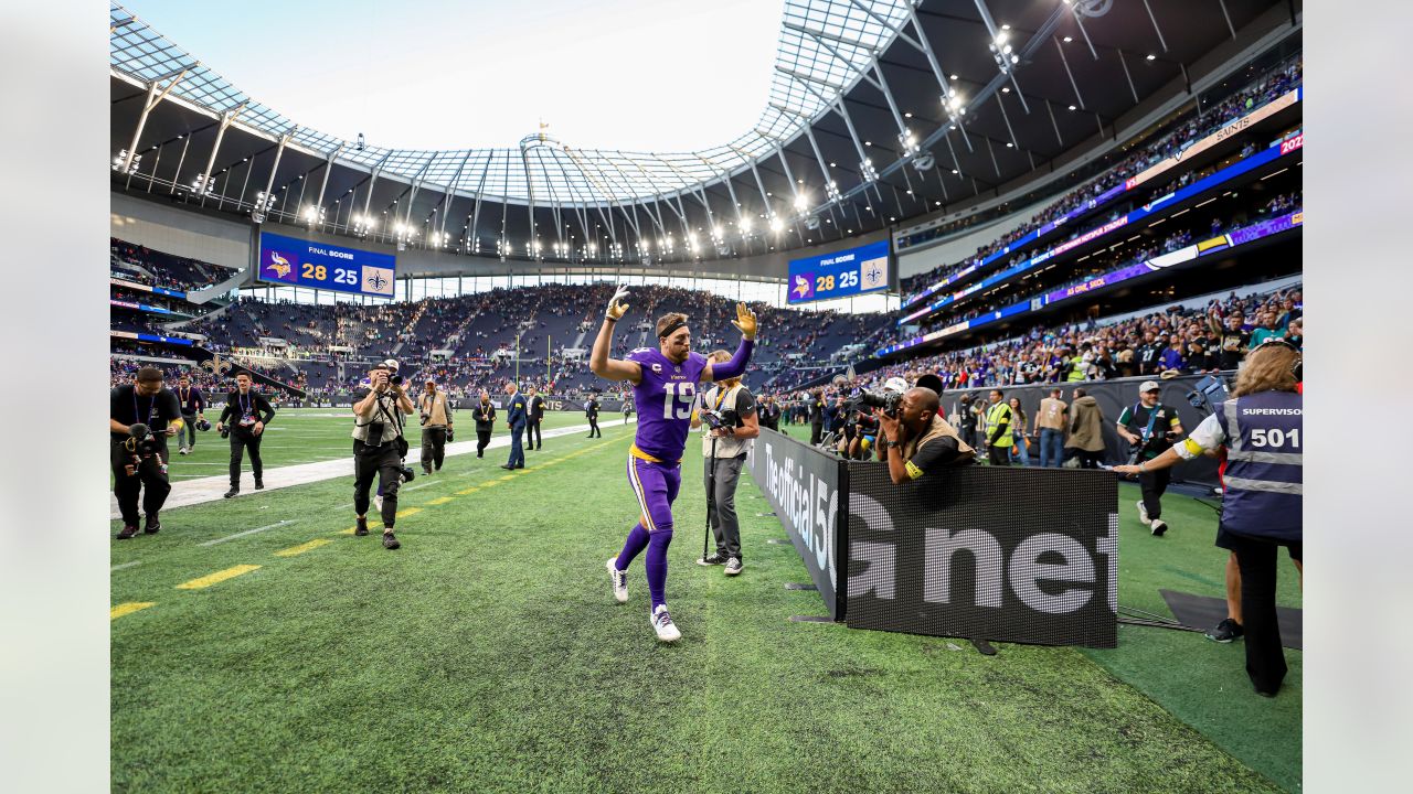 LONDON, UNITED KINGDOM. 02th, Oct 2022. Adam Thielen of Minnesota Vikings  (left) is tackled by Paulson Adebo of New Orleans Saints (right) during NFL  2022 London Series - Minnesota Vikings vs New